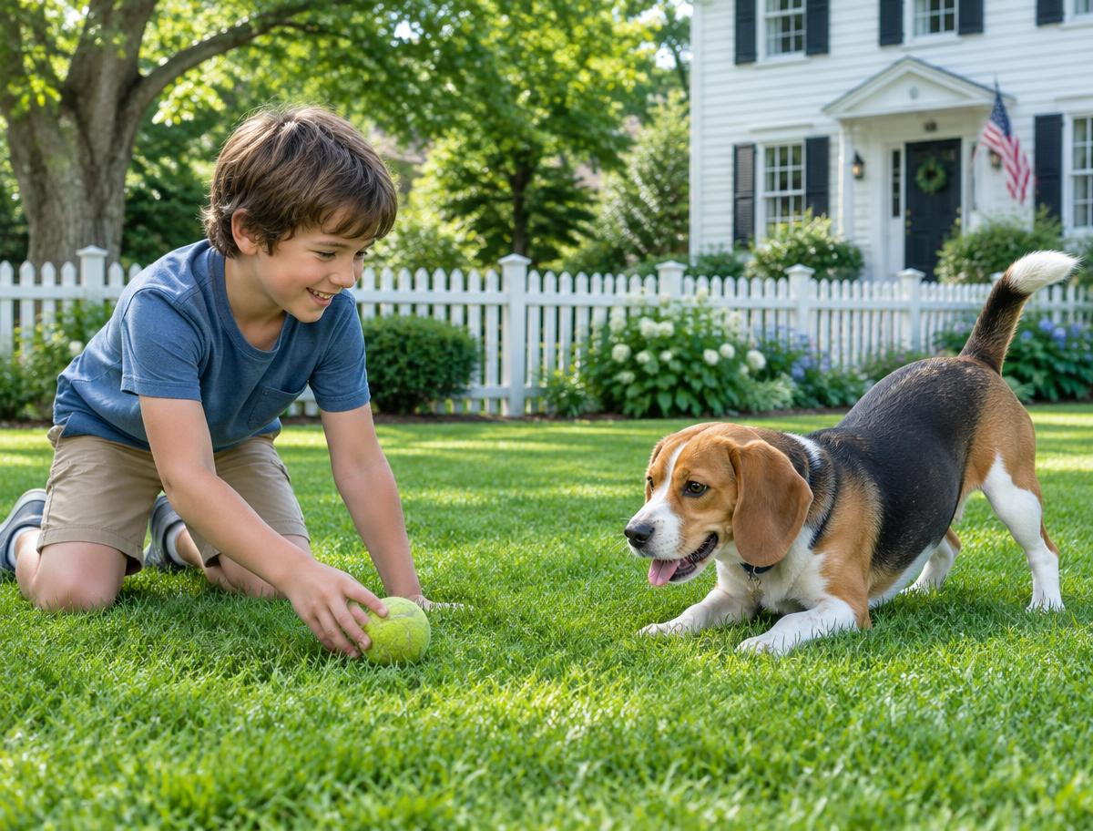 Child playing fetch with a beagle in a clean backyard
